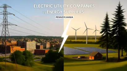 Split image showing Pennsylvania utility power lines and infrastructure on left, energy choice options and renewable energy symbols on right, representing the comparison between utility companies and energy suppliers in Pennsylvania.