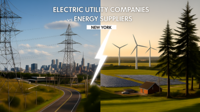 Split image showing New York utility power lines and infrastructure on left, energy choice options and renewable energy symbols on right, representing the comparison between utility companies and energy suppliers in New York.