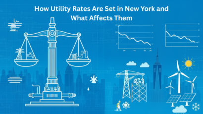 Infographic titled "How Utility Rates Are Set in New York and What Affects Them." Features a central balance scale with utility infrastructure (power lines, faucet) on one side and industrial equipment on the other. Background includes a New York City skyline, two line graphs showing declining trends, construction cranes, wind turbines, solar panels, weather icons (sun, snowflake, cloud), and a worker figure. The design uses white line art on a blue background with circuit-like patterns.