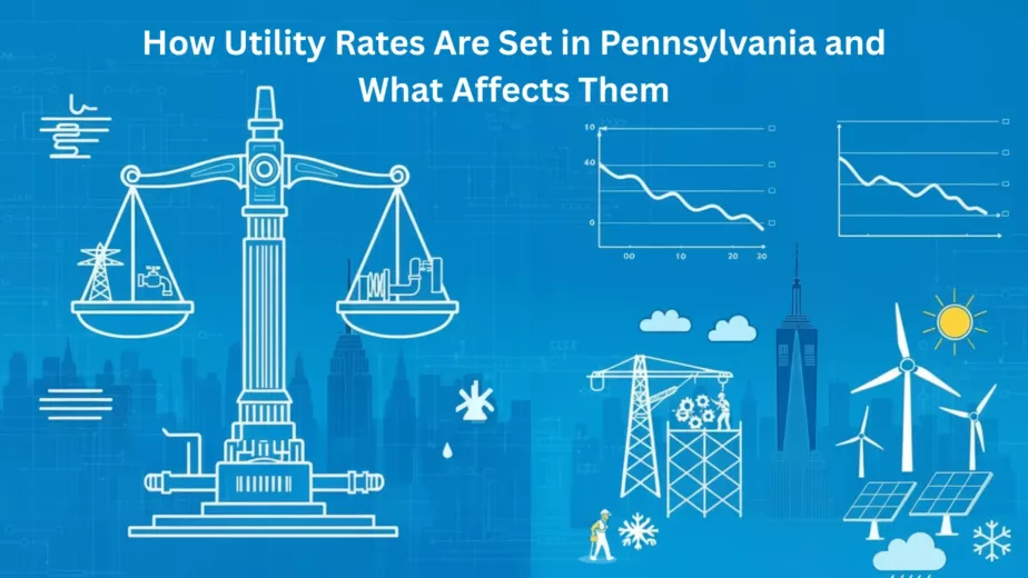 Infographic titled “How Utility Rates Are Set in Pennsylvania and What Affects Them.” Features a central balance scale with utility symbols (power lines, faucet) on one side and industrial equipment on the other. The background includes a stylized city skyline, two line graphs showing downward trends, construction cranes, wind turbines, solar panels, weather icons (sun, snowflake, cloud), and a worker figure. The design uses white line art on a blue background with circuit-like patterns.