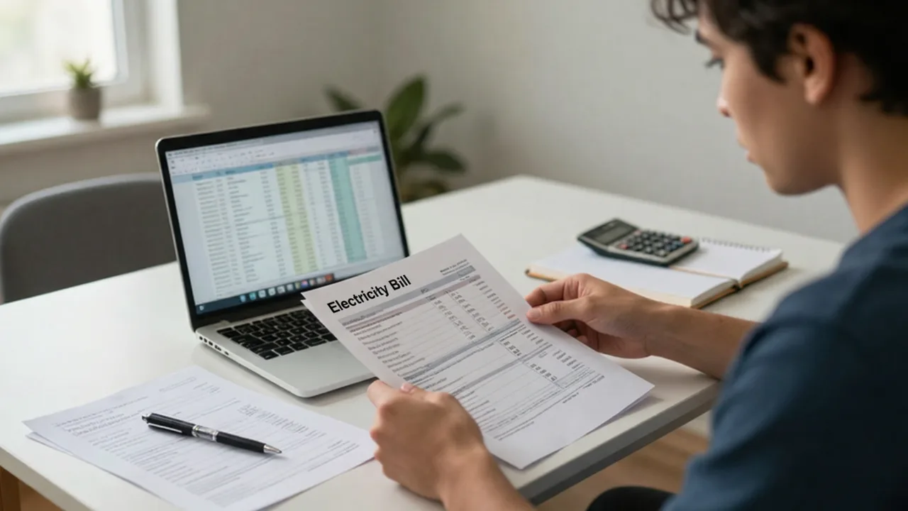 Person reviewing energy bills with laptop open