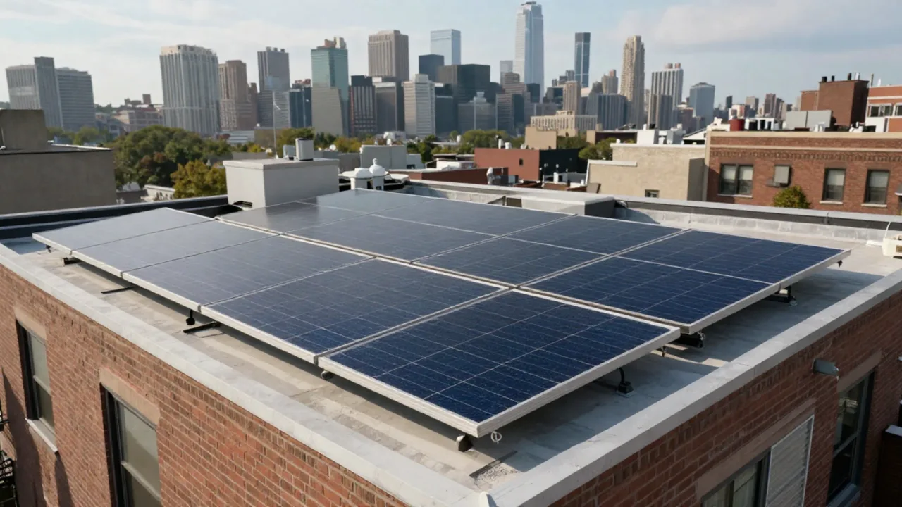 Rooftop solar setup in New York with skyline in view