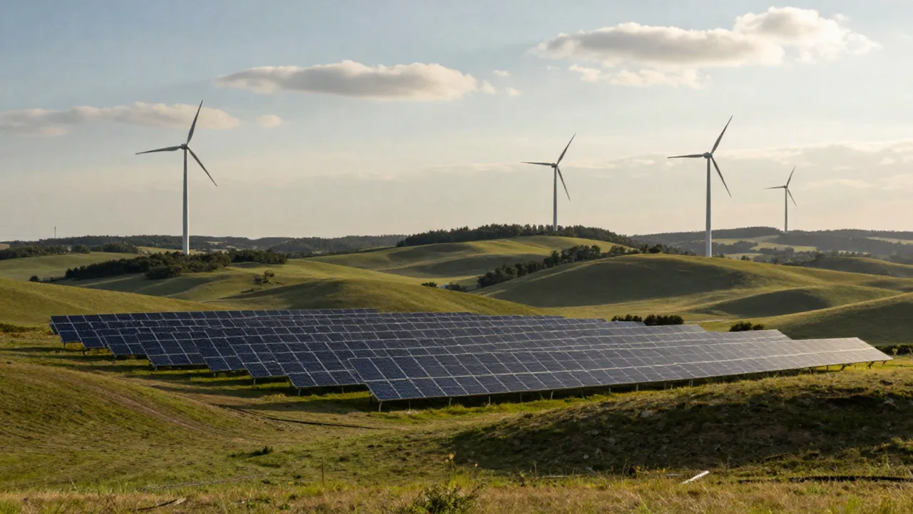 Solar field and wind turbine across green hills