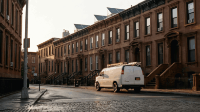 New York brownstones with rooftop solar panels and an energy service van at sunrise.