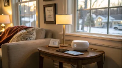 Cozy Pennsylvania living room with smart home devices and warm energy-efficient lighting.
