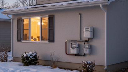 Home exterior in winter showing gas and electric meters