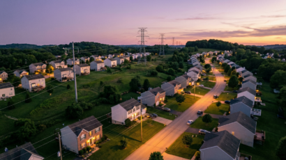 Aerial view of Pennsylvania residential neighborhood with illuminated homes and power infrastructure at sunset