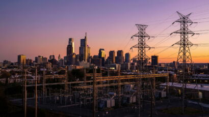 Pennsylvania electrical grid infrastructure and power lines at sunset representing utility company services