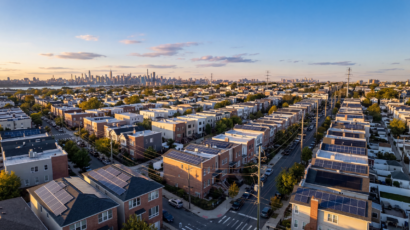 Residential New York neighborhood with solar panels showing energy choice options