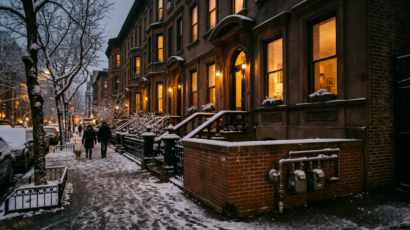 Natural gas meter on a New York brownstone building in winter