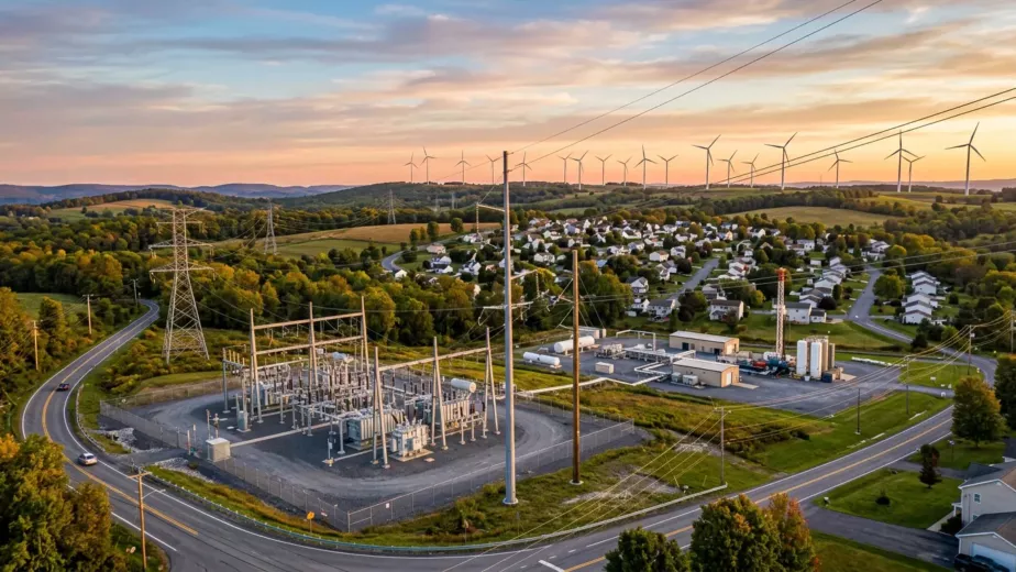 Pennsylvania energy infrastructure with power lines, homes, renewable energy sources and modern utility network