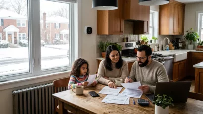 Family reviewing home energy bills in a modern New York home with efficient heating systems