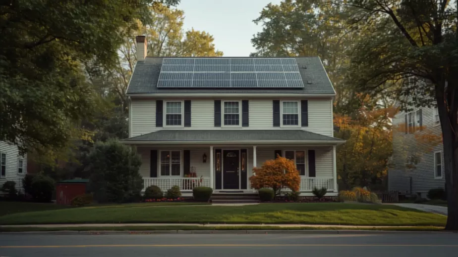 Solar panels installed on a Pennsylvania home with seasonal weather conditions, showing year-round solar energy generation.
