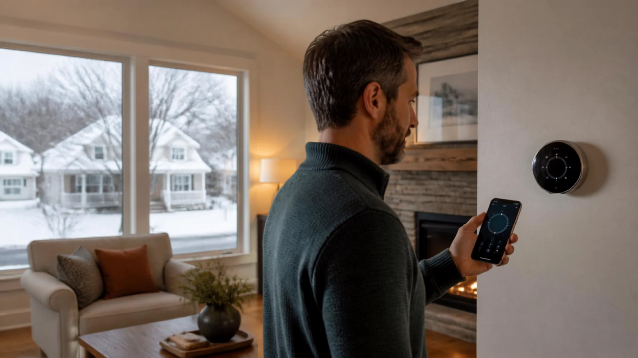Homeowner using a smart thermostat to improve energy efficiency in a Pennsylvania home.
