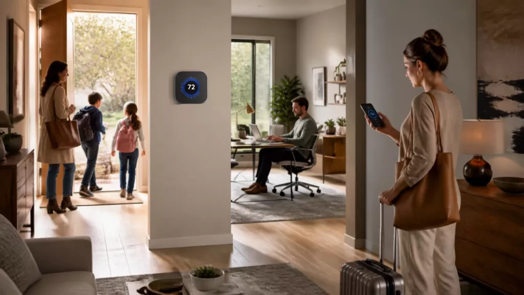 Smart thermostat adjusting temperatures based on homeowner schedules.