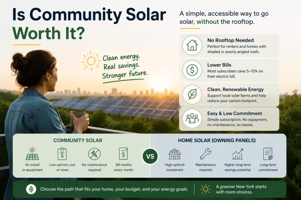 Resident overlooking a community solar farm at sunset