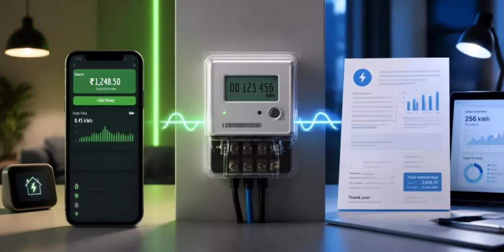 Comparison showing prepaid electricity vs postpaid electricity features and billing differences.