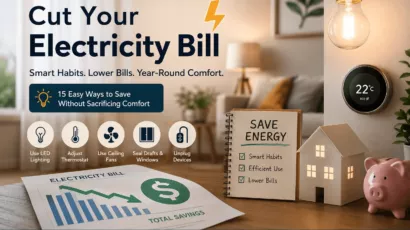Infographic showing practical tips, a smart thermostat, and a piggy bank to cut electricity bills.