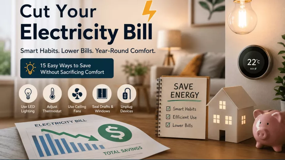 Infographic showing practical tips, a smart thermostat, and a piggy bank to cut electricity bills.
