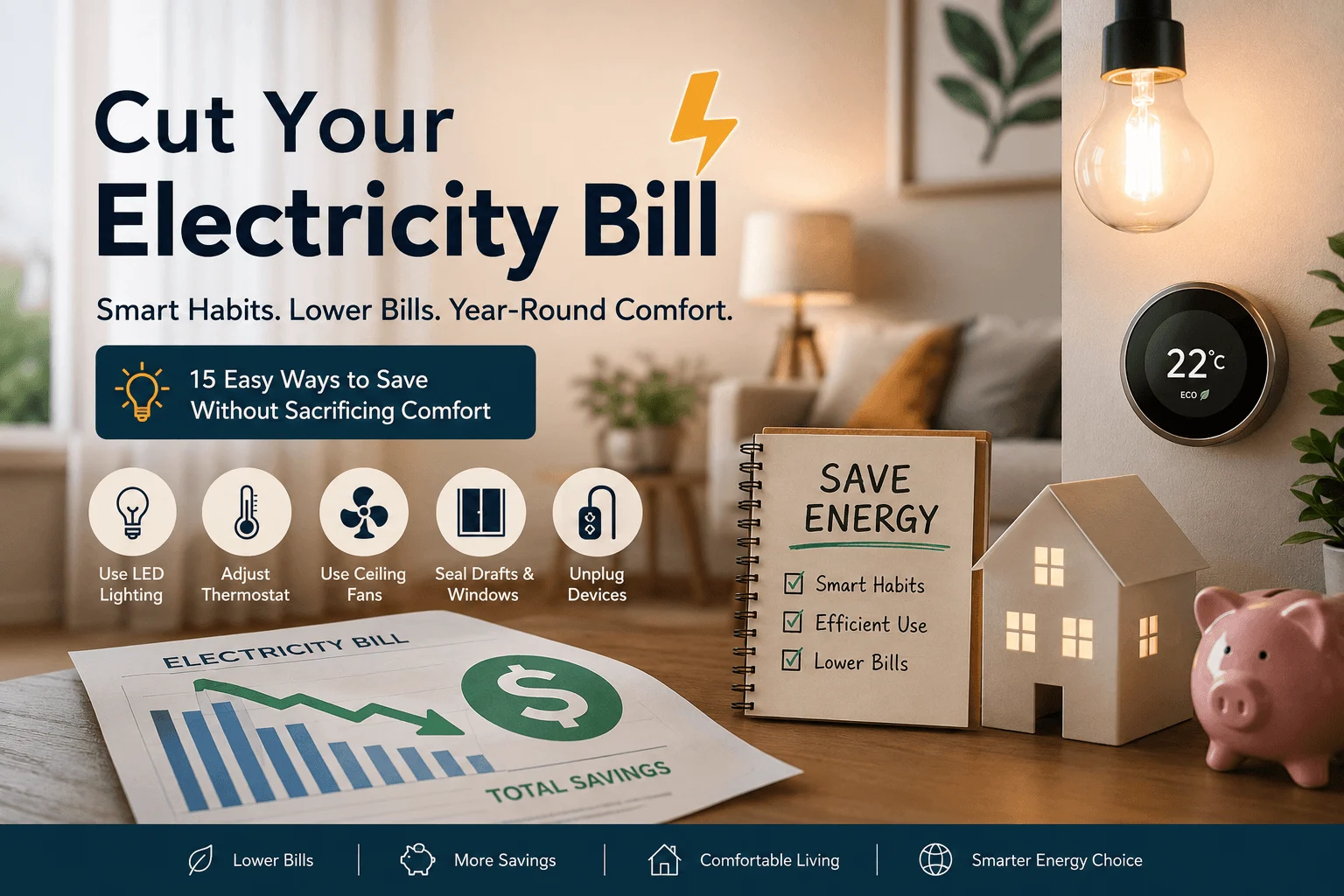 Infographic showing practical tips, a smart thermostat, and a piggy bank to cut electricity bills.