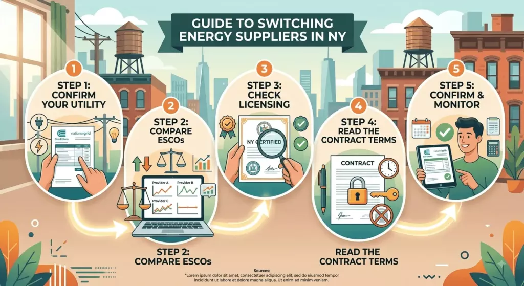 A five-step illustrative guide in an infographic detailing how to switch energy suppliers as a renter in New York.