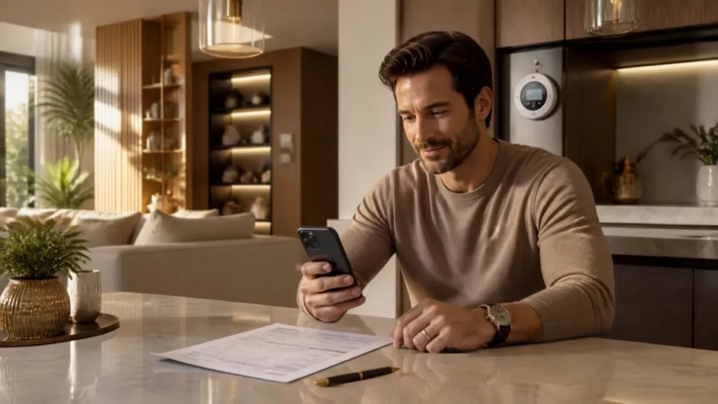 Homeowner comparing prepaid and postpaid electricity plans using electricity bill, smart meter, and mobile energy app.