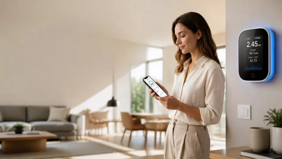 Homeowner monitoring pay as you go electricity usage using a smart meter and mobile app.