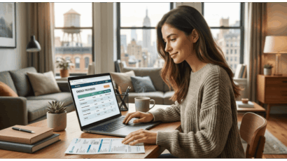 Woman comparing New York energy provider rates on a laptop in a city apartment.