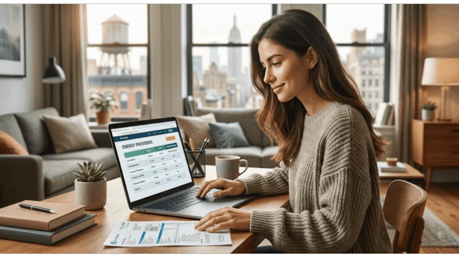 Woman comparing New York energy provider rates on a laptop in a city apartment.