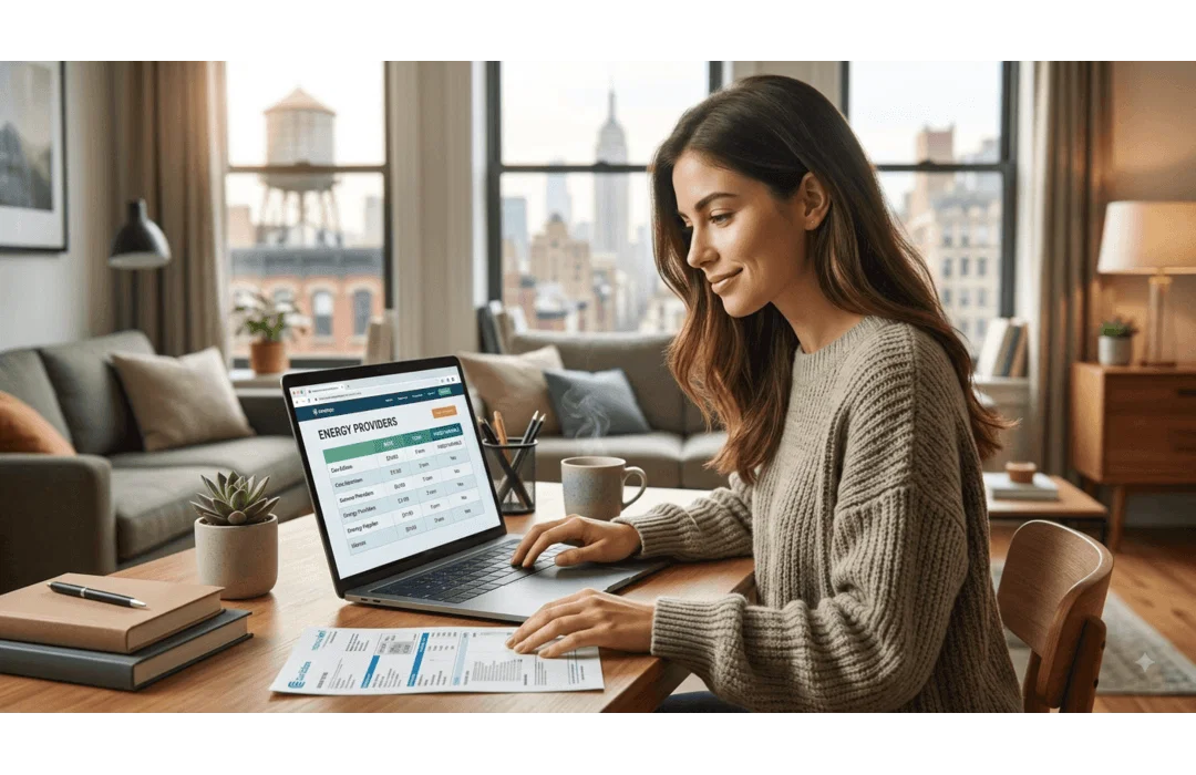Woman comparing New York energy provider rates on a laptop in a city apartment.