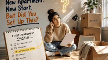 Renter reviewing a first apartment checklist while surrounded by moving boxes