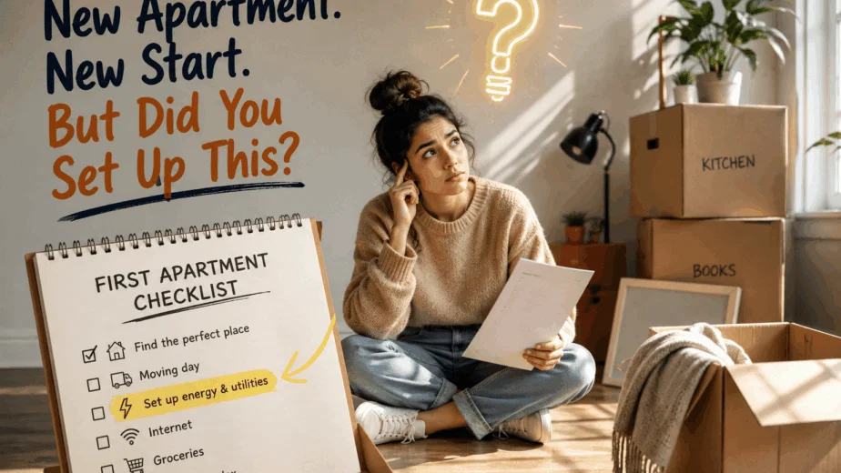 Renter reviewing a first apartment checklist while surrounded by moving boxes