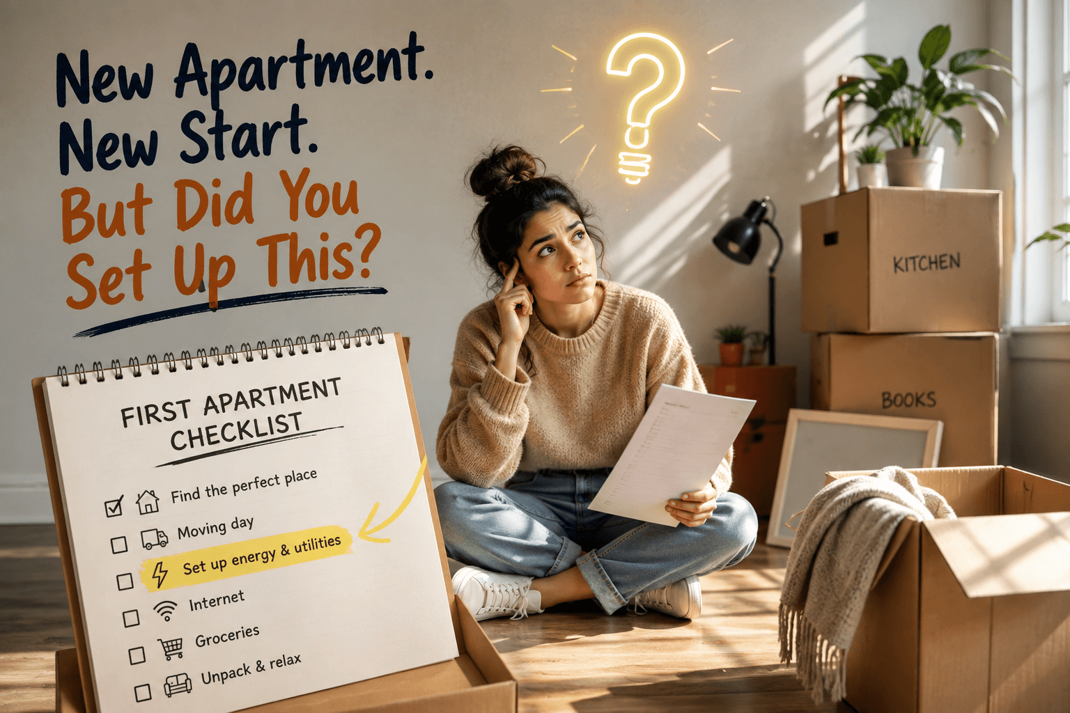 Renter reviewing a first apartment checklist while surrounded by moving boxes