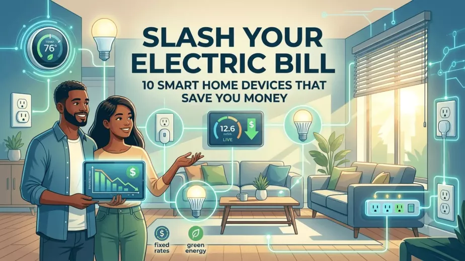 Couple reviewing smart home energy savings dashboard in living room with connected thermostat, lights, and outlets