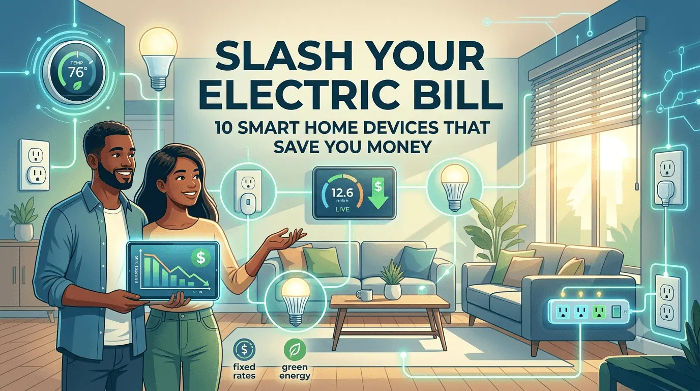 Couple reviewing smart home energy savings dashboard in living room with connected thermostat, lights, and outlets