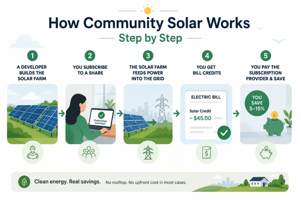 Five-step community solar process from subscription to bill credits
