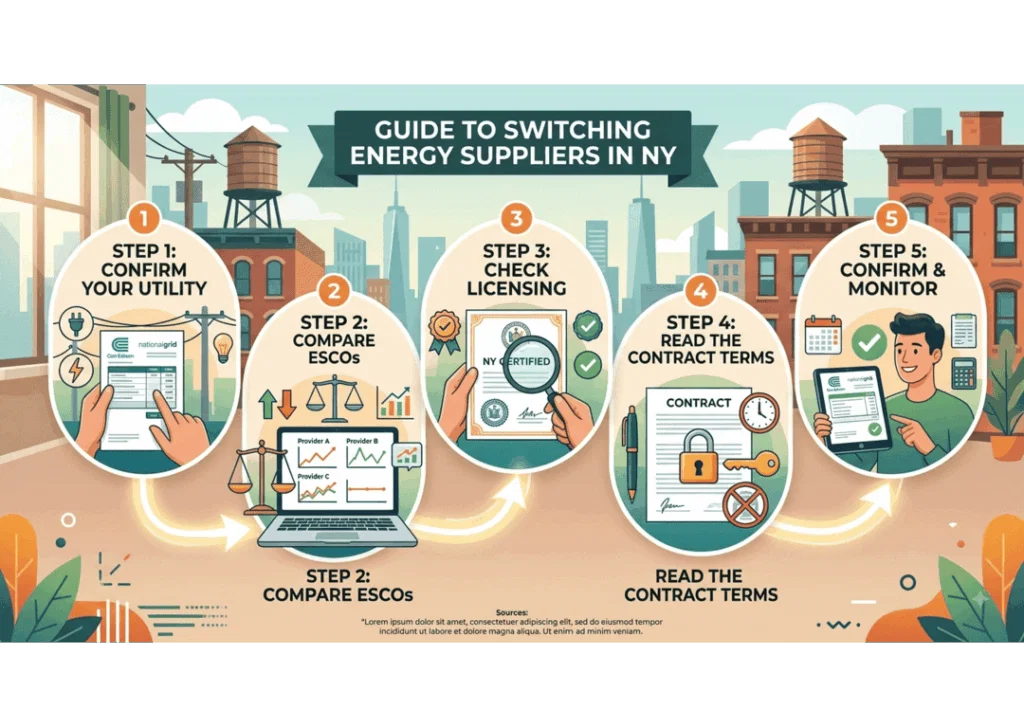 A five-step illustrative guide in an infographic detailing how to switch energy suppliers as a renter in New York.