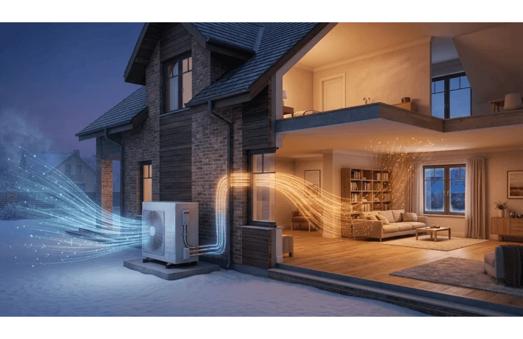 Heat pump heating a home in winter