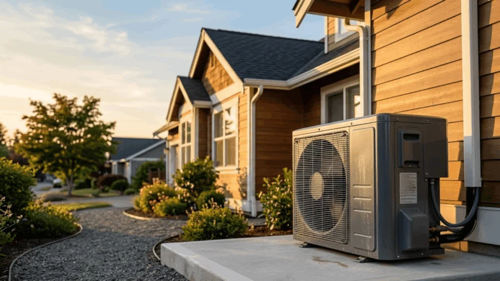 Heat pump outdoor unit beside a home.