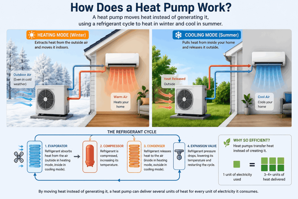 Diagram showing how a heat pump works in heating and cooling modes.
