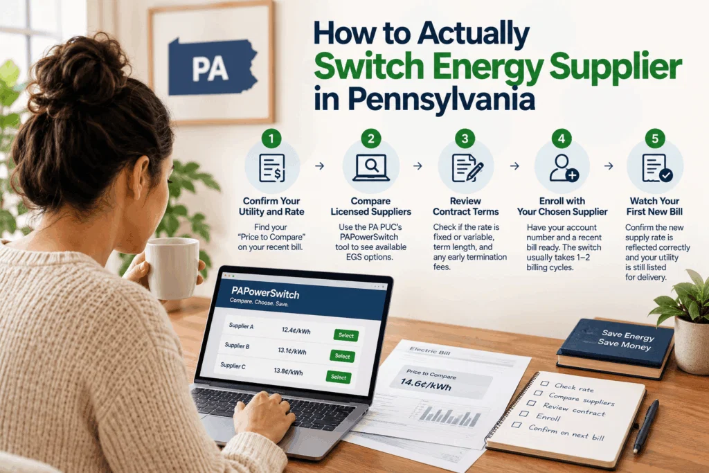 Renter choosing an electricity supplier in Pennsylvania.