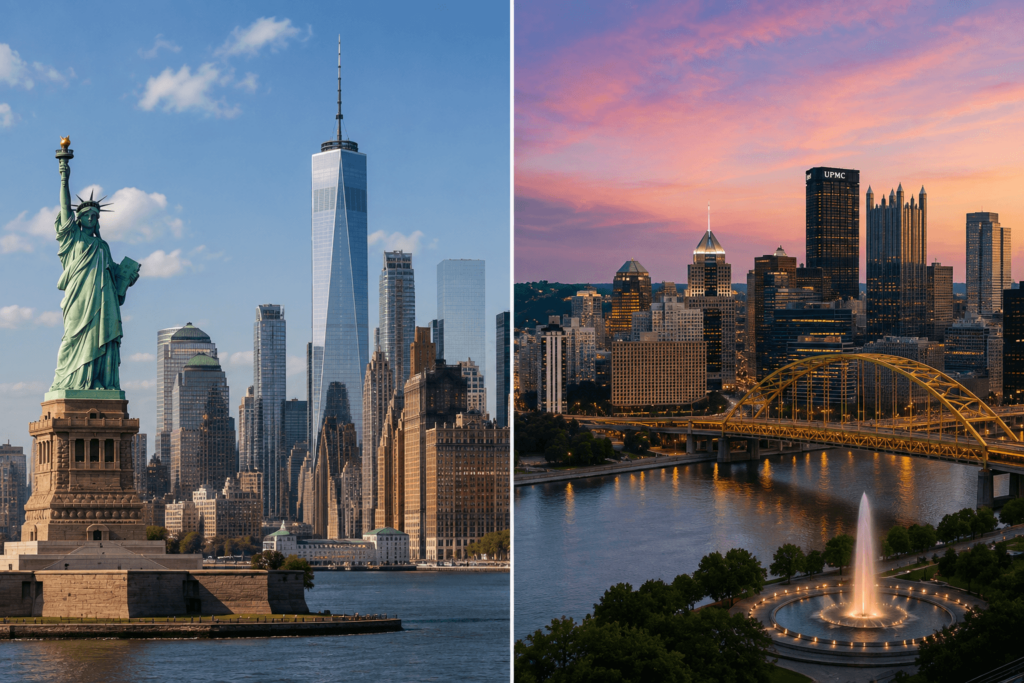 New York and Pennsylvania landmarks shown in split-screen cityscapes