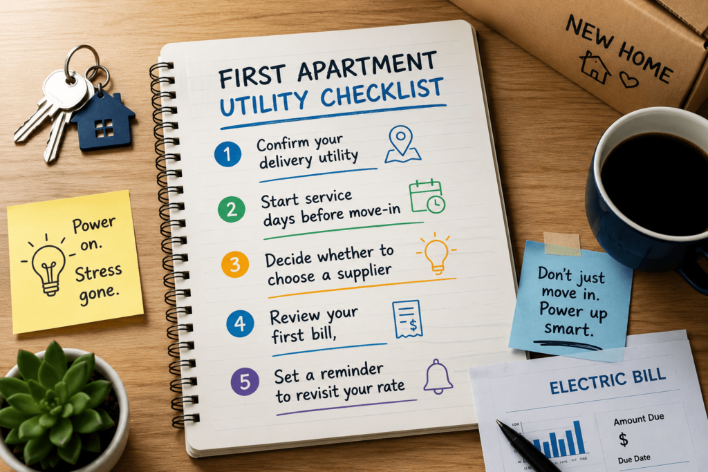 First apartment utility checklist covering service setup, suppliers, bills, and rate review