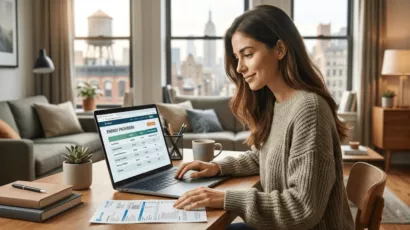 Woman comparing New York energy provider rates on a laptop in a city apartment.