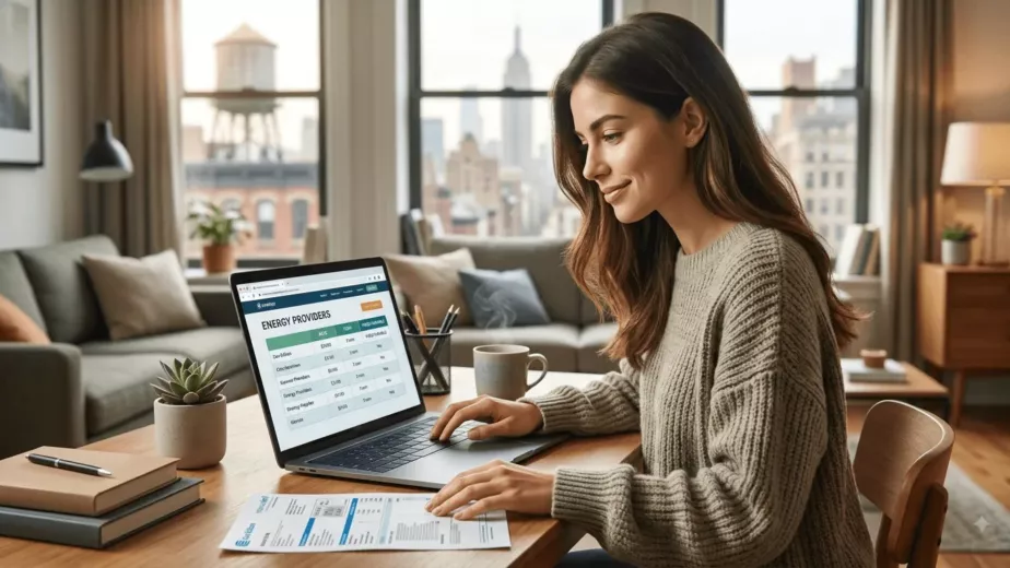 Woman comparing New York energy provider rates on a laptop in a city apartment.