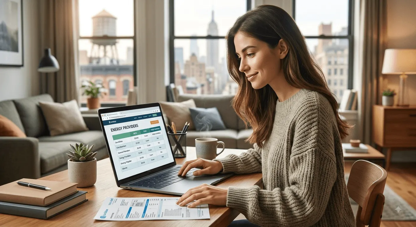 Woman comparing New York energy provider rates on a laptop in a city apartment.