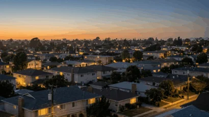 Suburban neighborhood at dusk with homes lit up during evening off-peak electricity hours