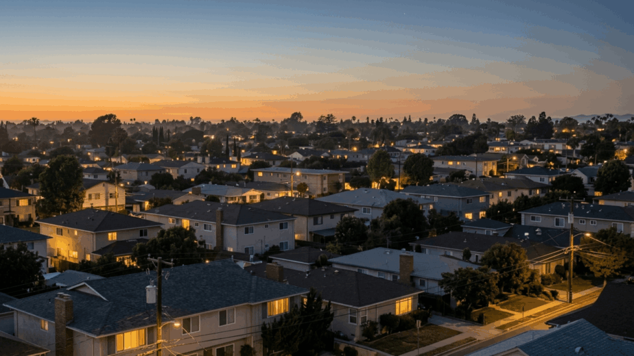 Suburban neighborhood at dusk with homes lit up during evening off-peak electricity hours