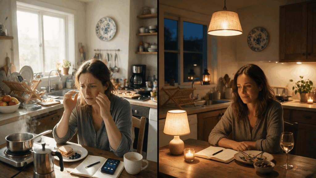 Split comparison of a woman cooking during peak daytime hours versus relaxed evening off-peak electricity use