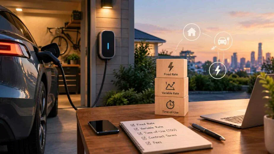 Electric vehicle charging at home while a homeowner reviews electricity rates, usage, and charging options.